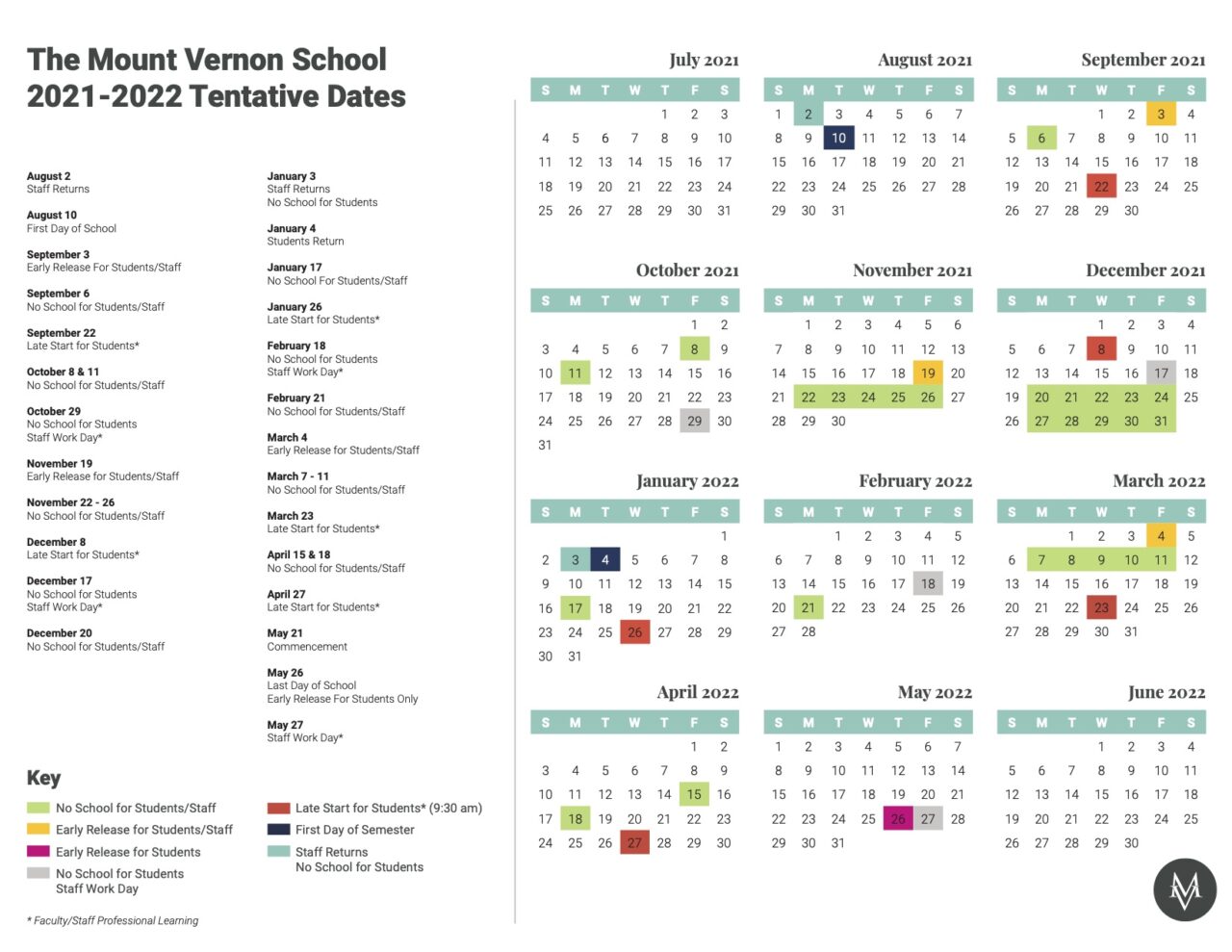Key Calendar Dates 20212022 Mount Vernon School