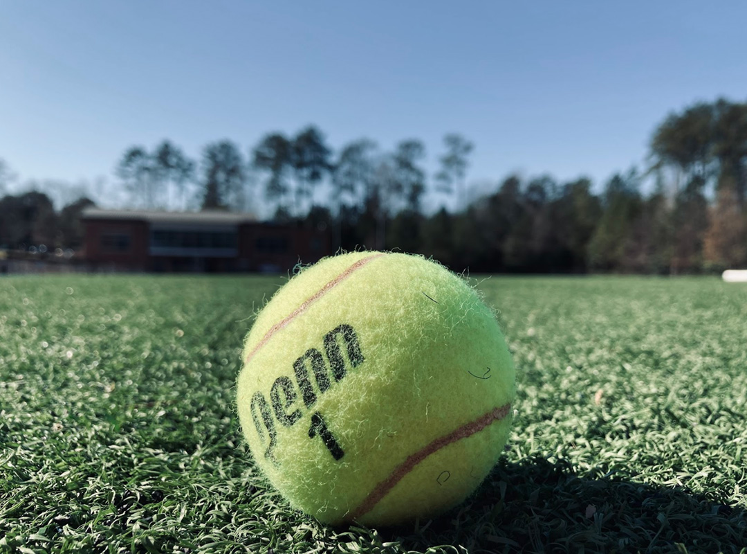 Artistic student photo of a tennis ball in the grass with a shallow focus.