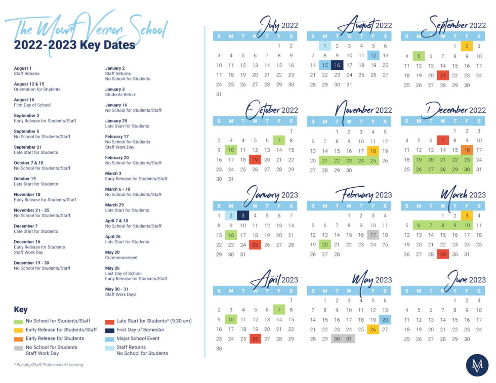 Key Calendar Dates 20222023 Mount Vernon School