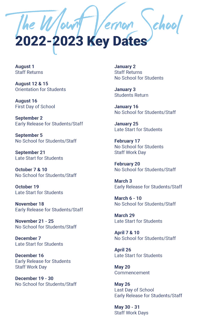 Key Calendar Dates 20222023 Mount Vernon School