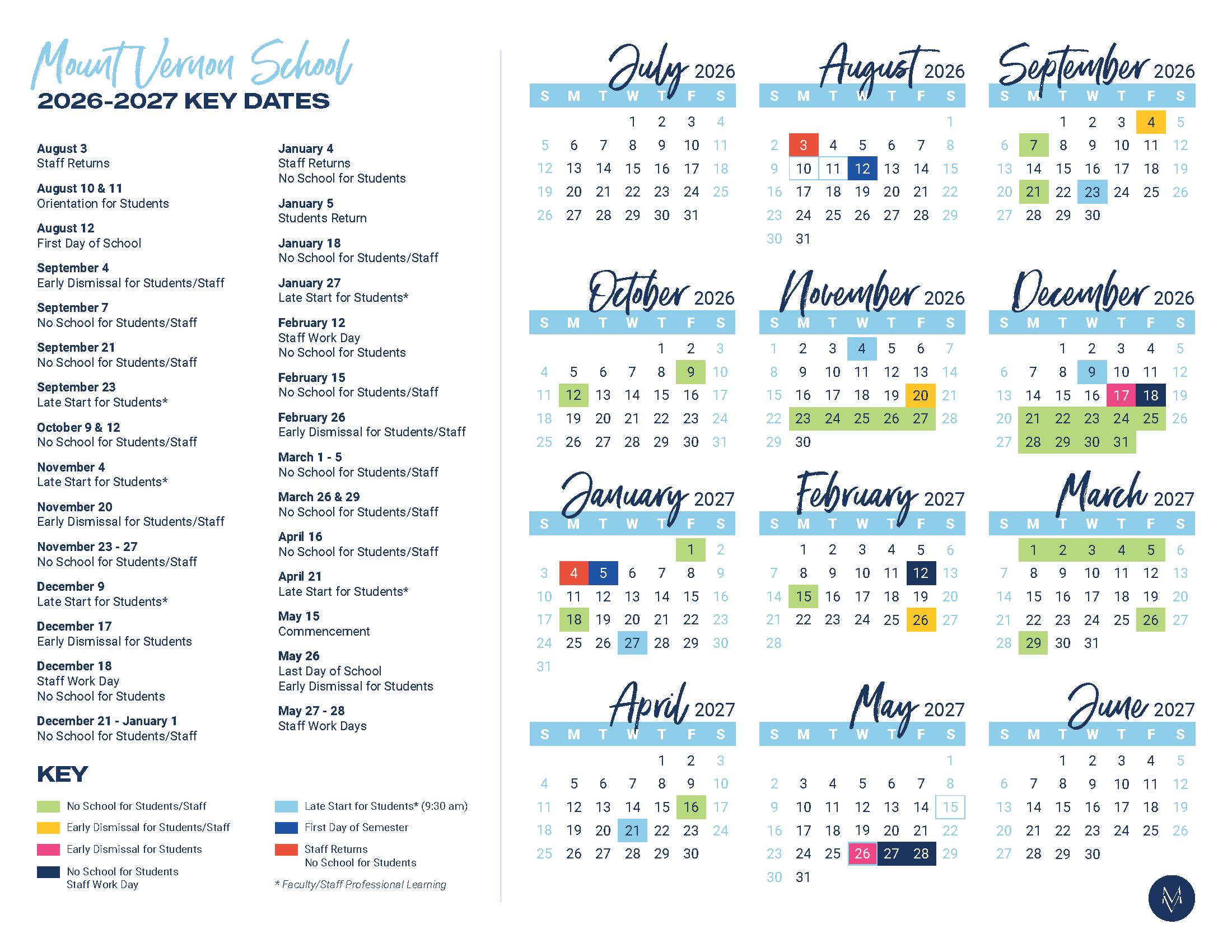 その他 Key Calendar Records 2007-2022 Calendar | The Mount Vernon School